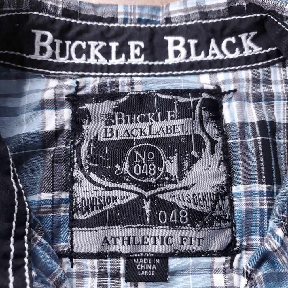 Buckle Black Shirt Mens L Blue Plaid Athletic Fit Snap Up Western Country Cowboy - Picture 3 of 11